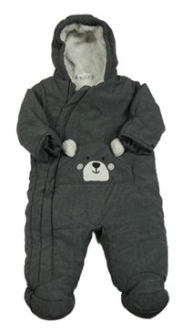 Tmavosivá šušťáková zimná kombinéza s medvěďom a kapucňou Topomini