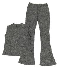 2 set - tmavošedo-černý melírovaný pletený top + flare úpletové legíny 