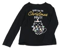 Černé triko s nápisem a kočkou Next