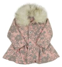 Růžovo-šedé květovaný flaušový lehce zateplený kabátek s kožešinou 