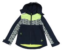 Tmavomodro-šedo-neonová softshellová bunda s kapucí 