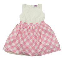 Smetanovo-ružovo-biele krajkovo/plátěné šaty s kostkovanou sukní F&F