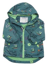 Zelená šušťáková jesenná lehce zateplená bunda s dinosaurami a kapucňou Nutmeg
