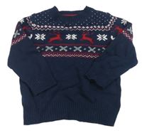Tmavomodro-bielo-červený vlnený sveter so sobmi a norským vzorom H&M