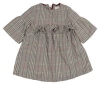 Béžovo-tmavomodro-červeno-khaki kockované šaty s volánikom Zara
