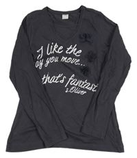 Tmavošedé triko s nápisem a 3D květy S. Oliver