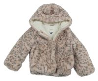 Růžovo-šedý kožešinový zateplený kabát s leopardím vzorem a kapucí C&A