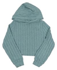 Svetlomodrá rebrovaná úpletová crop mikina s kapucňou Shein