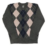 Sivo-ružovo-tmavomodrý vlnený károvaný sveter H&M