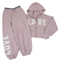 2set - Lila crop propínací mikina s nápisem a kapucí + tepláky s nápisem River Island