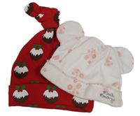 2x bavlněná čepice bílá s kytičkami+ červená s pudinkem