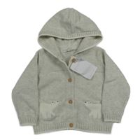 Nové - Světlešedý propínací svetr s medvědy a kapucí 