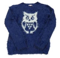 Tmavomodrý huňatý sveter so sovou Bluezoo