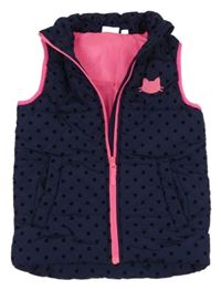 Tmavomodrá puntíkatá šusťáková zateplená vesta s kočkou 