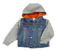 Modro-šedá riflová bunda s mikinovými rukávy a kapucí C&A