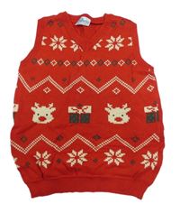 Červená vzorovaná svetrová vesta so sobmi a vločkami so cute