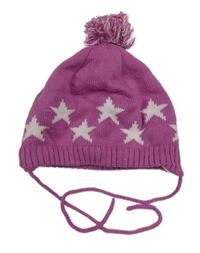 Fuchsiová pletená čepice s hvězdami a bambulí 