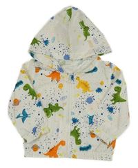 Bielo-farebná šušťáková ľahká bunda s dinosaurami a kapucňou