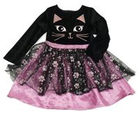 Čierno-ružové sametovo/tylové šaty s mačkou