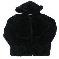 Čierna chlpatá podšitá bunda s kapucňou H&M