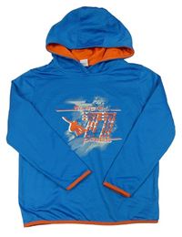 Azurovo-oranžová športová mikina so snowboardistou a kapucňou Pocopiano