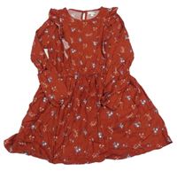 Hrdzavé šaty s kvietkami a volánikmi Vertbaudet