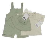 Nové - 3set - Zelenošedé mušelínové laclové kraťasy + smetanové tričko + klobouk DKNY