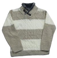 Béžovo-smotanový pruhovaný melírovaný vzorovaný pletený sveter