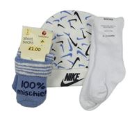 3Set - Bílá čepice s logy Nike + modré teplé ponožky Ladybird + bílé žebrované ponožky