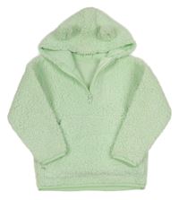 Světlezelenomátová huňatá mikina s kapsou a kapucí s oušky St. Bernard