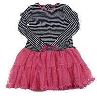 Tmavomodro-bílo-růžové šaty s tylem s puntíky a pruhy happy girls