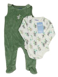 2Set - Khaki sametové podšité dupačky s koalou + bílé body s koalami Jojo Maman Bébé