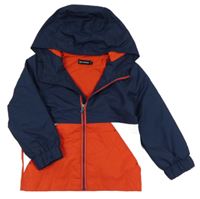 Tmavomodro-červeno-světlešedá kostkovaná šusťáková jarní bunda s kapucí in extenso