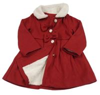 Tmavočervený flaušový zateplený kabát s mašlemi a límečkem