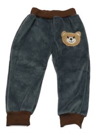 Tmavošedo/hnědé plyšové nohavice s medvedíkom