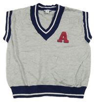 Sivo-tmavomodrá melírovaná úpletová vesta s písmenkom PRIMARK