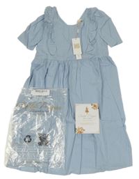 Nové - světlemodré pruhované puntíkaté šaty s volánky Belle Poque