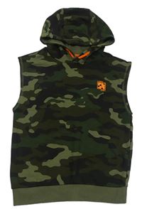 Kaki-čierna army tepláková vesta s potlačou a kapucňou F&F