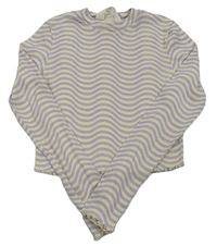 Krémovo-lila vzorované rebrované crop tričko H&M