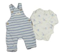2set - Světlemodro-modré pruhované na traké tepláky s liškou + biele body s medveďmi a liškami Mothercare