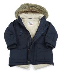 Tmavomodrá šusťáková zimní bunda s kapucí s kožešinou Next