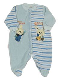 Světlemodro-pruhovaný zamatový overal s králikmi