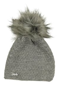 Šedá melírovaná vlněná čepice s flitry a bambulí