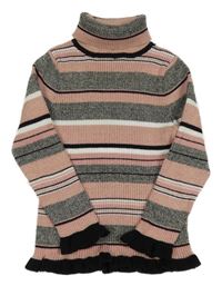 Starorůžovo-čierno-biely trblietavý pruhovaný rebrovaný svetrový rolák Primark