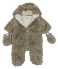 Hnědá kožešinová podšitá kombinéza s kapucí - medvěd + rukavice F&F