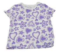 Bílo-fialové tričko se srdíčky a květinami Primark