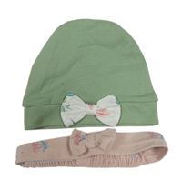 2set - Zelená čepice s mašlí + růžová čelenka s třešněmi a mašlí