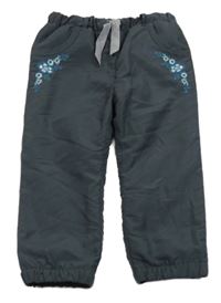 Tmavosivé šušťákové zateplené nohavice s výšivkami květů Topomini