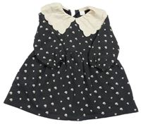 Tmavosivé teplákové kvetované šaty s golierom