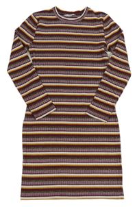 Vínovo-bílo-okrové pruhované žebrované šaty Matalan